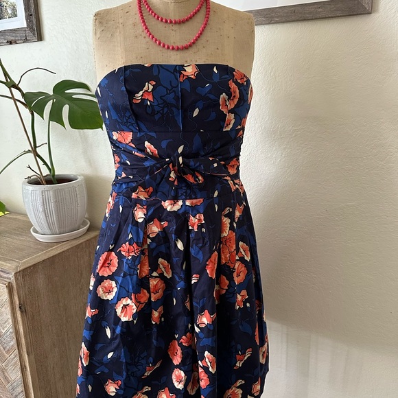 Kay Unger Strapless Dress Blue Coral Floral Pockets Tropical Mexican Wedding - Picture 4 of 9